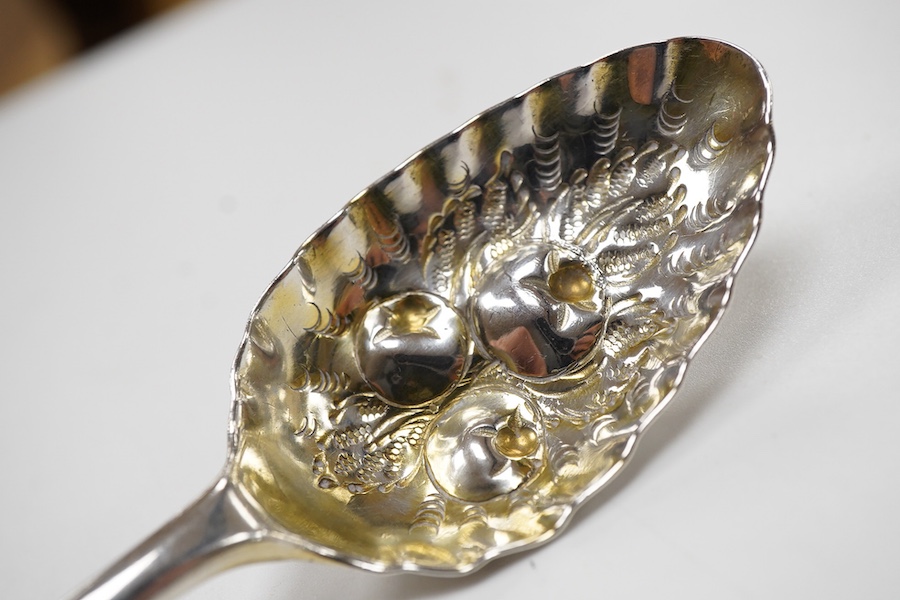 Two cased sets of six George VI silver teaspoons, Haseler & Restall, Birmingham, 1947, together with three assorted 19th century silver berry spoons.